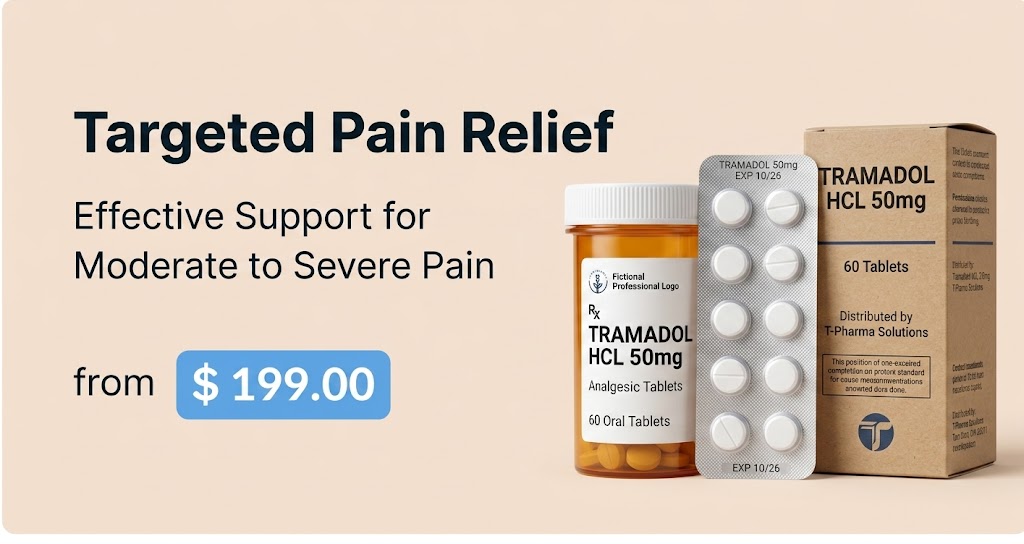 Web banner displaying an amber prescription bottle, a silver blister pack, and a cardboard pharmaceutical box of Tramadol HCL 50mg (60 tablets) from T-Pharma Solutions, promoting targeted pain relief starting at $199.00 against a light peach background.