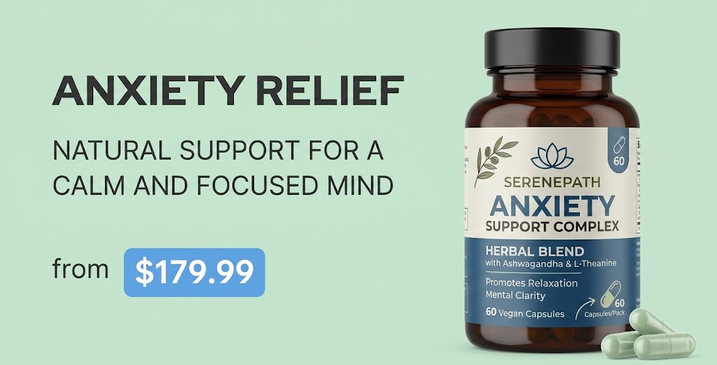 Web banner displaying an amber bottle of Serenepath Anxiety Support Complex (60 Vegan Capsules) with Ashwagandha and L-Theanine, alongside loose green capsules, promoting natural anxiety relief for $179.99 against a light green background