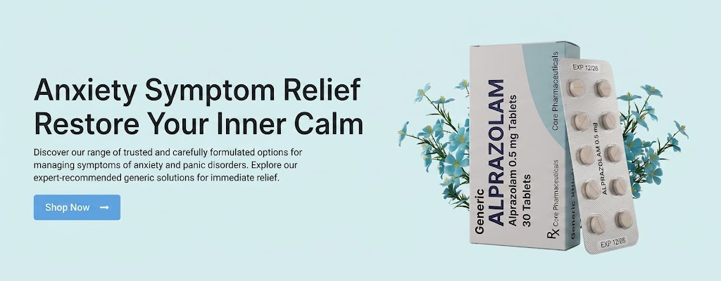 Web banner displaying a pharmaceutical box and silver blister pack of Generic Alprazolam 0.5 mg (30 tablets) for anxiety symptom relief, set against a light blue background with delicate floral elements.