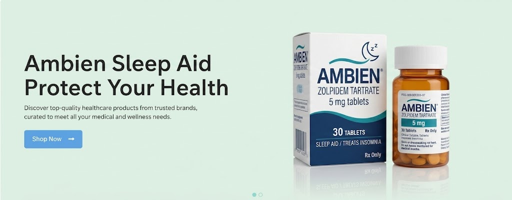 Web banner displaying a pharmaceutical box and amber bottle of Ambien 5mg (Zolpidem Tartrate) 30 tablets for clinical insomnia treatment.