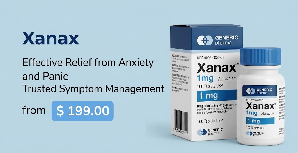 Web banner displaying a white and blue pharmaceutical box and matching bottle of Xanax 1mg (Alprazolam) 100 tablets from Generic Pharma, promoting effective relief from anxiety and panic starting at $199.00, against a light blue background.
